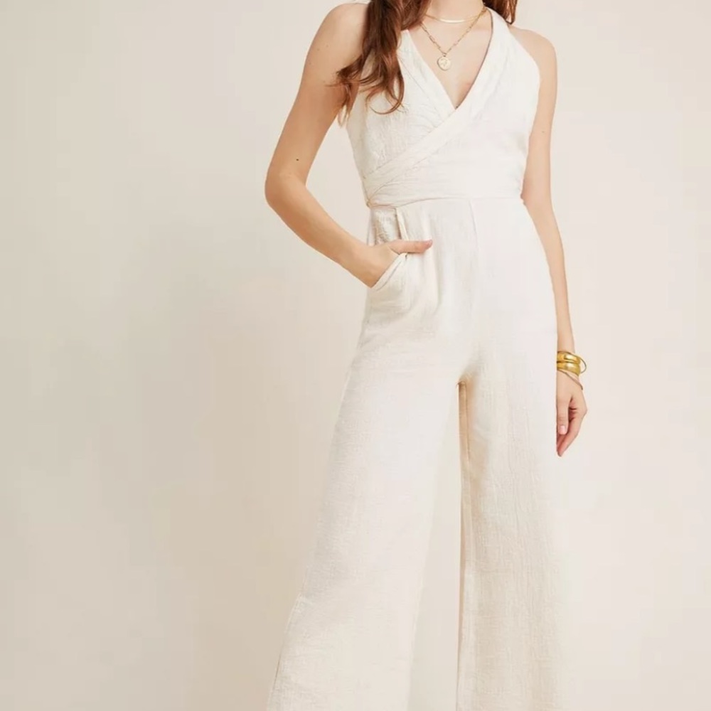 Anthropologie Demi Textured Halter Vneck Jumpsuit